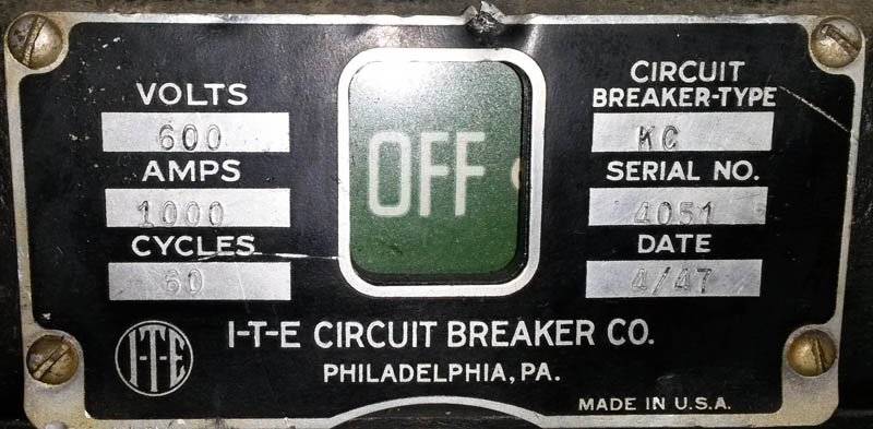 1000 Amp, ITE, KC, 480 V., 1947, SLATE BACK, M/O, D/O, 125 VDC: -1