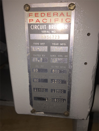 1200 Amp, FEDERAL PACIFIC, DST-15-500, 13.8 KV, E/O, D/O, 125 VDC CL & TR: -1