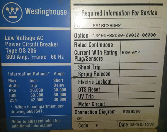 800 Amp, WESTINGHOUSE, DS-206, 600 V., M/O, D/O, AMPTECTOR IA, L,S,I: -1
