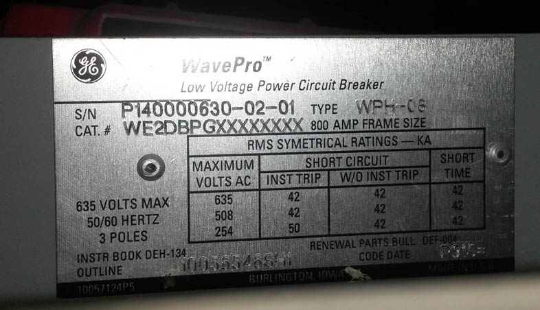 800 Amp, GE, WPH-08, 600 V., M/O, D/O, MICROVERSATRIP PM, 600 AMP PLUG: -1