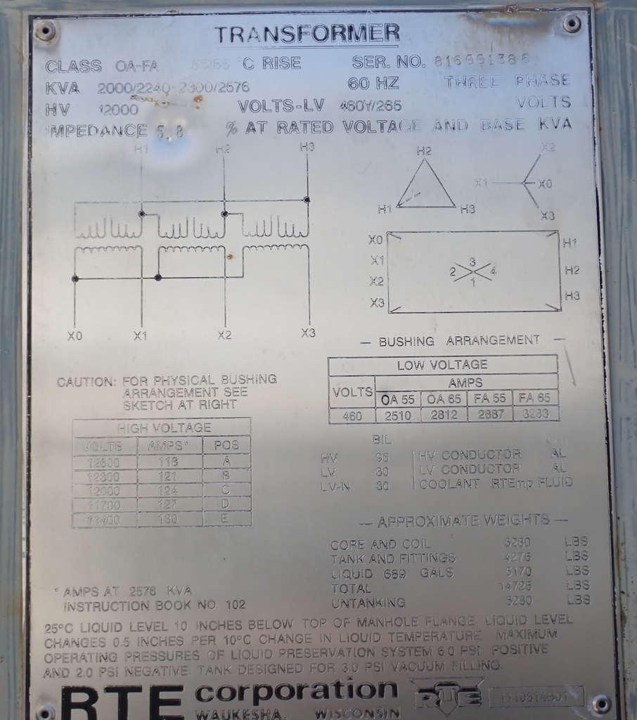 2000/2576 KVA, RTE, Pri. 12470 V, D, Sec. 480Y/277, SUBSTATION:1