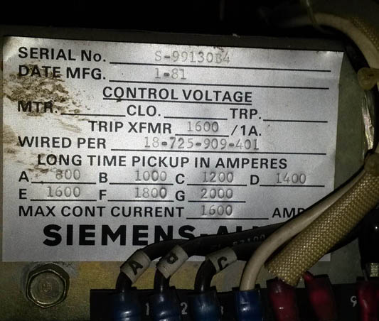 1600 Amp, SIEMENS ALLIS, LAF1600B, 480 V., 1981, M/O, D/O, L,S,I: -1