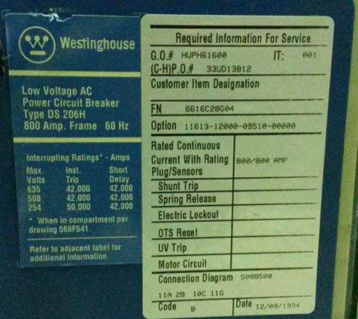 800 Amp, SQUARE D, DS-206H, 480 V., M/O, D/O, DIGITRIP 810D, L,I, 42 KAIC: -1