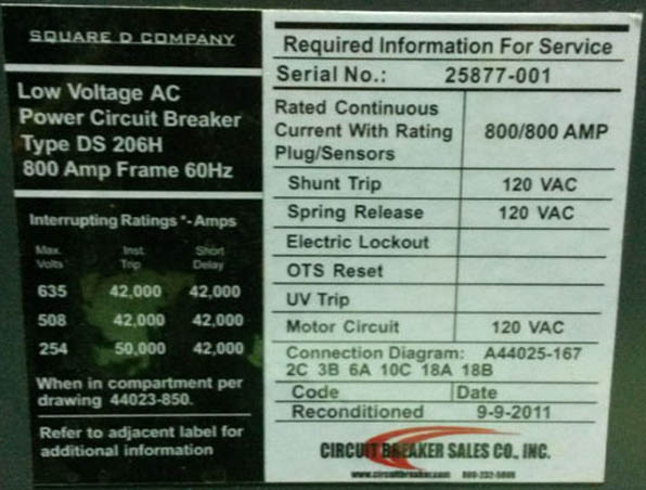 800 Amp, WESTINGHOUSE, DS206H, 480 V., M/O, D/O, DIGITRIP 810D, L,I: -1