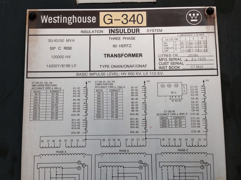 30000/40000/50000 KVA, WESTINGHOUSE, 120000 V D, 14200Y/8198, W/LTC:1