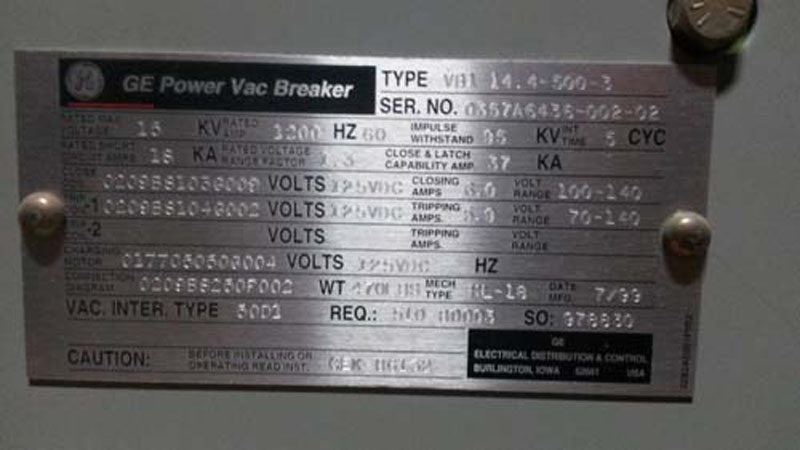 1200 Amp, GE, VB1-14.4-500, 15 KV, E/O, D/O, 125 VDC CLOSE & TRIP, ML-18: -1