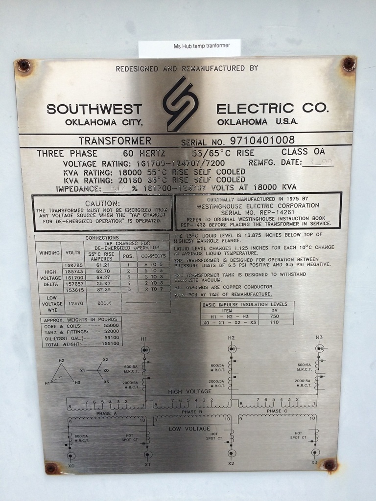 18/20.2 MVA, SOUTHWEST ELECTRIC, 161700 V D, 12470 V Y, 1997, CLASS OA, 55/65: -
