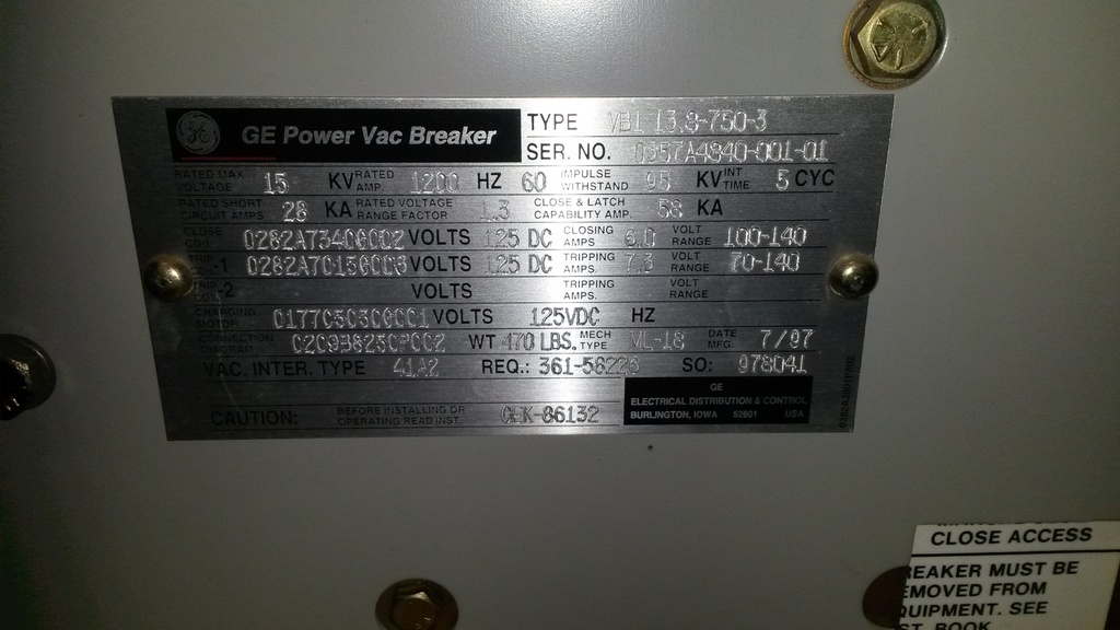 1200 Amp, GE, VB1-13.8-750-3, 13.8 KV, 1997, E/O, D/O, 125 VDC CLOSE & TRIP: -1