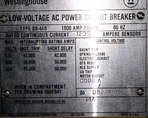 1600 Amp, WESTINGHOUSE, DS416, 480 V., M/O, D/O, WITH AMPTECTOR L,S,I: -1