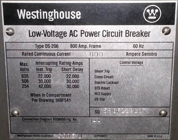 800 Amp, WESTINGHOUSE, DS206, 480 V., M/O, D/O, AMPTECTOR II, L,I TRIPS: -1