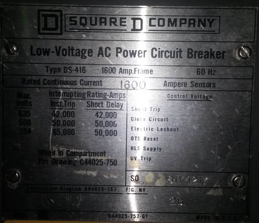 1600 Amp, WESTINGHOUSE, DS416, 480 V., M/O, D/O, AMPTECTOR-IA L,I: -1