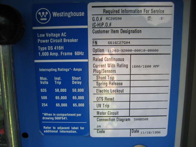 1600 Amp, POWERTRON, DS-416H, 480 V., M/O, D/O, DIGITRIP 510 L,S, 1600 AMP PLUG