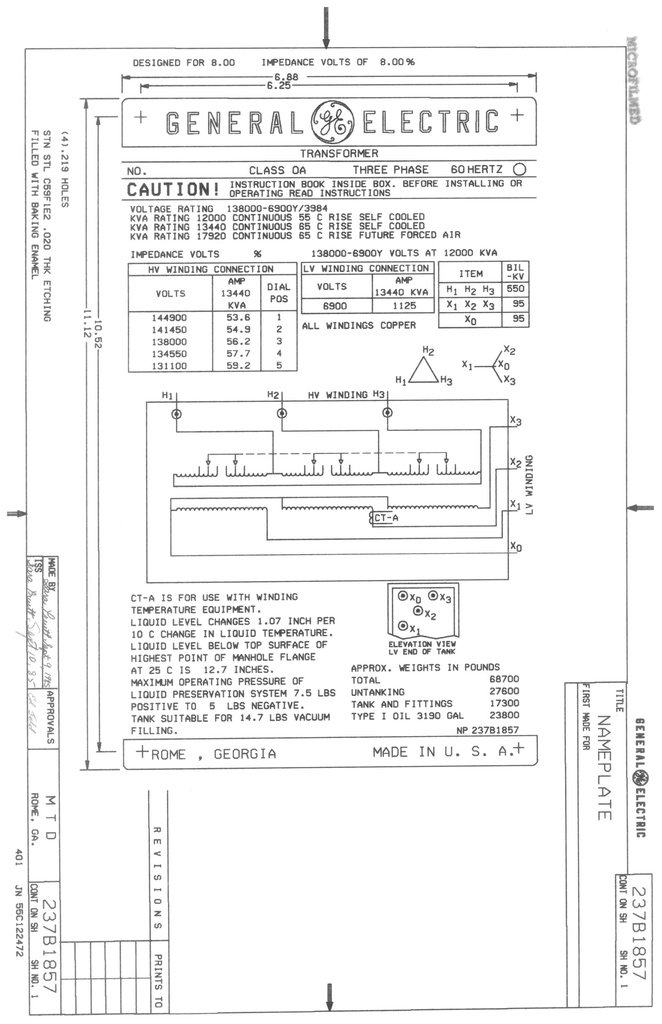 12000/13440 KVA, Pri 138000 D, Sec 6900Y/3983, GE, SUBSTATION: 1