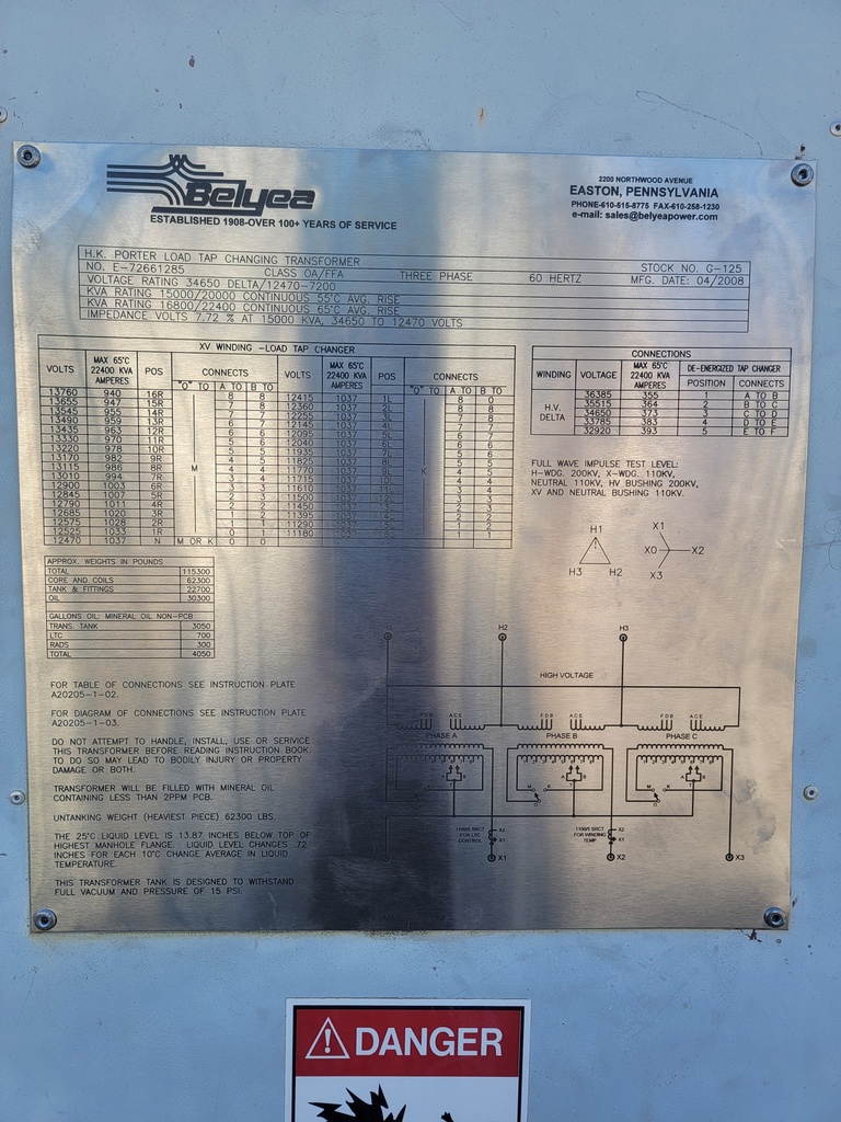15000/16800/20000/22400 KVA, Pri 34500 D, Sec 12470Y/7200, HK PORTER, LTC