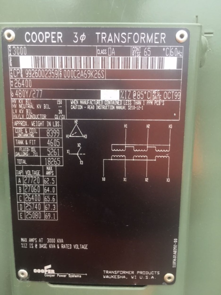 3000 KVA, Pri 26400 D, Sec 480Y/277, COOPER, PADMOUNT, DEAD FRONT