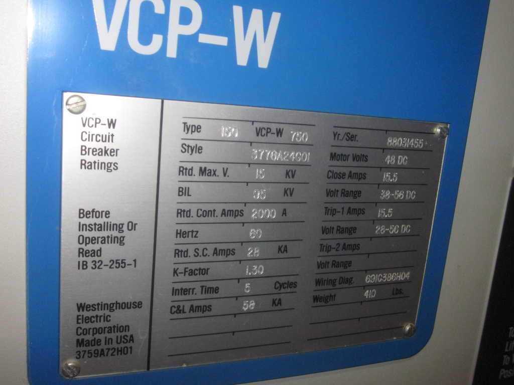 2000 Amp, WESTINGHOUSE, 150VCP-W-750, 15 KV,48 VDC CLOSE & TRIP