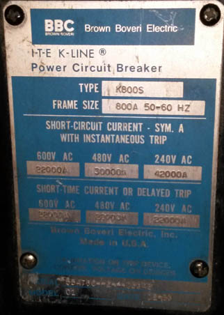 800 Amp, ITE, KDON800S, 480 V.,MO/DO,