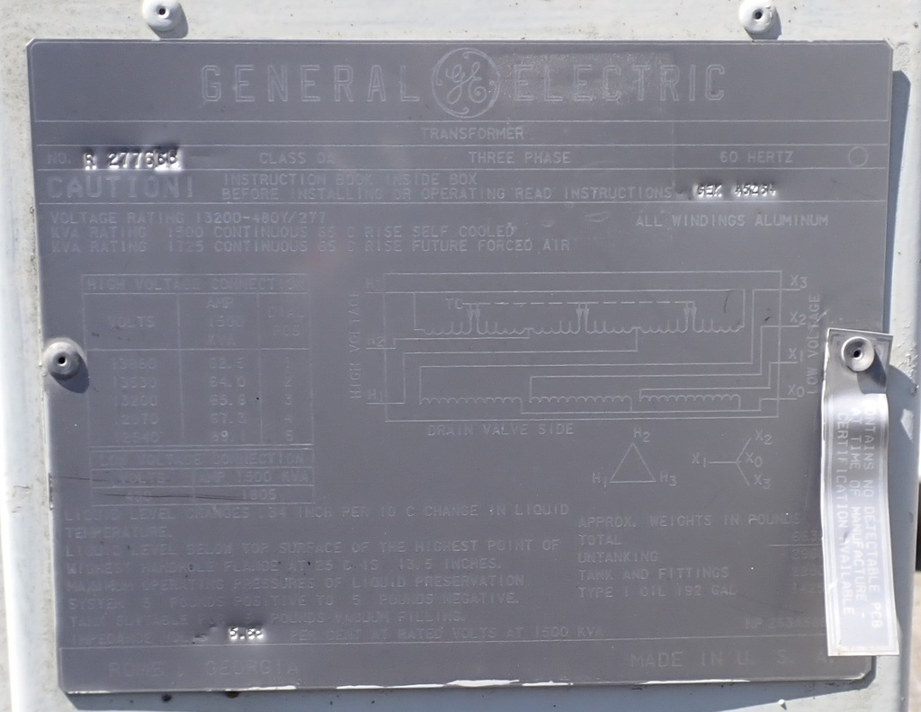 1500/1725 KVA, Pri 13200 D, Sec 480Y/277, GENERAL ELECTRIC, SUBSTATION