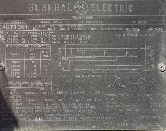 2000/2300/2576 KVA, Pri 13200 D, Sec 480Y/277, GENERAL ELECTRIC, SUBTATION