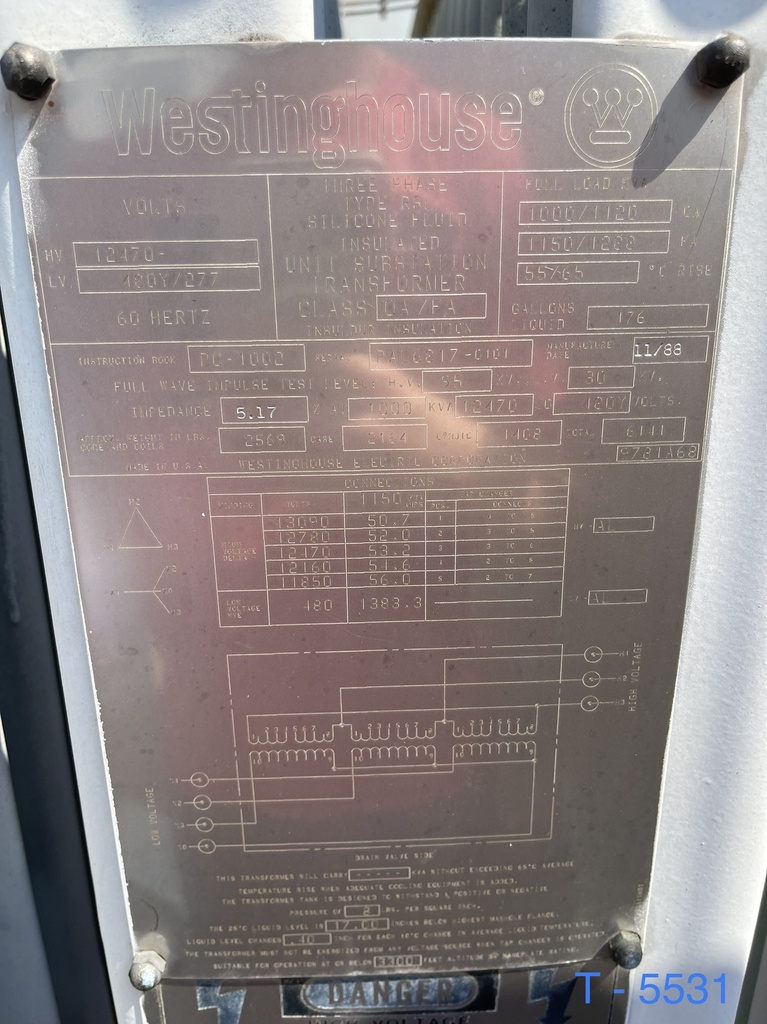 1000/1288 KVA, Pri 12470 D, Sec 480Y/277, WESTINGHOUSE, SILICONE