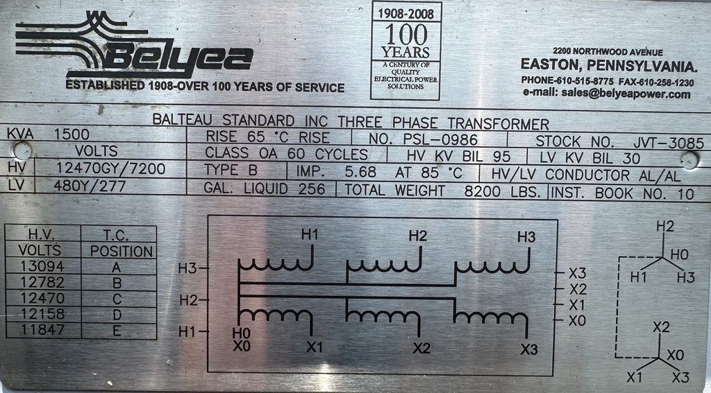 1500 KVA, Pri 12470Y/7200, Sec 480Y/277, BALTEAU, SUBSTATION