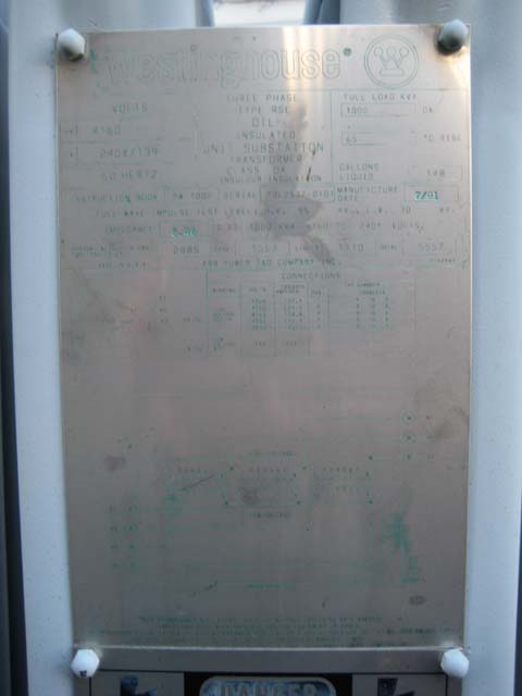1000 KVA, Pri 4160 D, Sec 240Y/139, 1991, WESTINGHOUSE, SUBSTATION:1