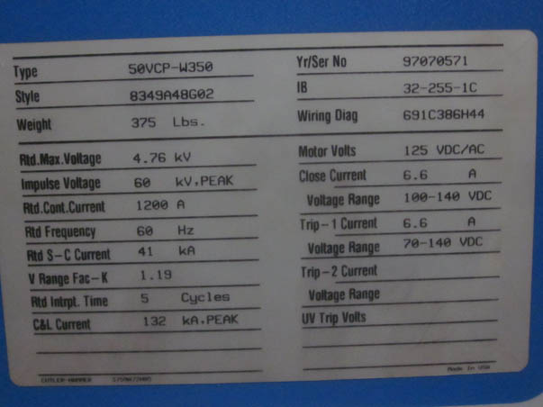 1200 Amp, CUTLER HAMMER, 50VCP-W-350, 5000 V., 1997, EO/DO, 125VDC C&T;
