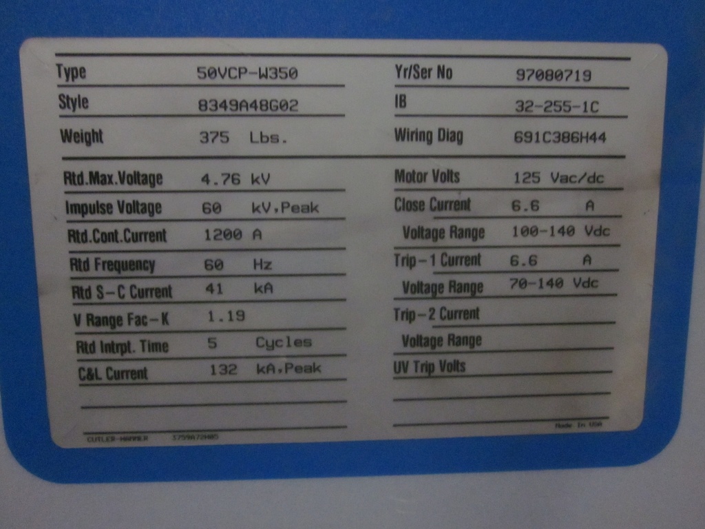 1200 Amp, CUTLER HAMMER, 50VCP-W-350, 4160 V., 1997, EO/DO, 125VDC C&T;