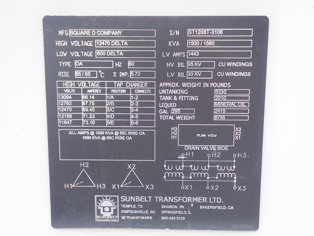 1500/1680 KVA, Pri 12470 D, Sec 600 D, SQUARE D, SUBSTATION, COPPER:1