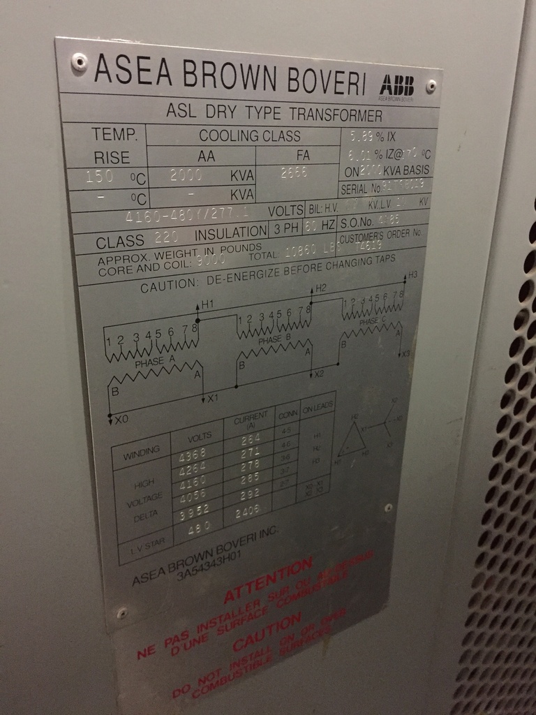 2000/2666 KVA, Pri 4160 D, Sec 480Y/277, ABB/CANADA, DRY, INDOOR, ALUMINUM:1