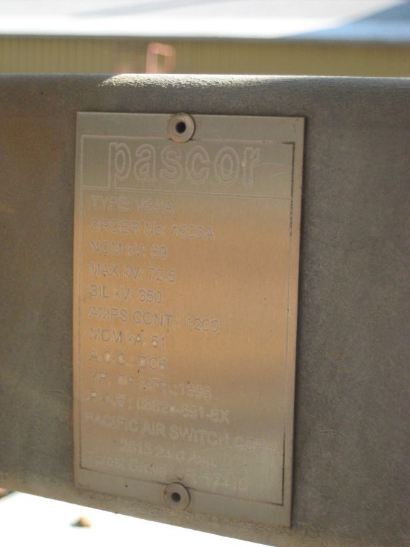 1200 Amp, PASCOR, No. VBPA, 72500 V., 1999, ON FRAME W/CROSS LINKS/HANDLE, GOAB