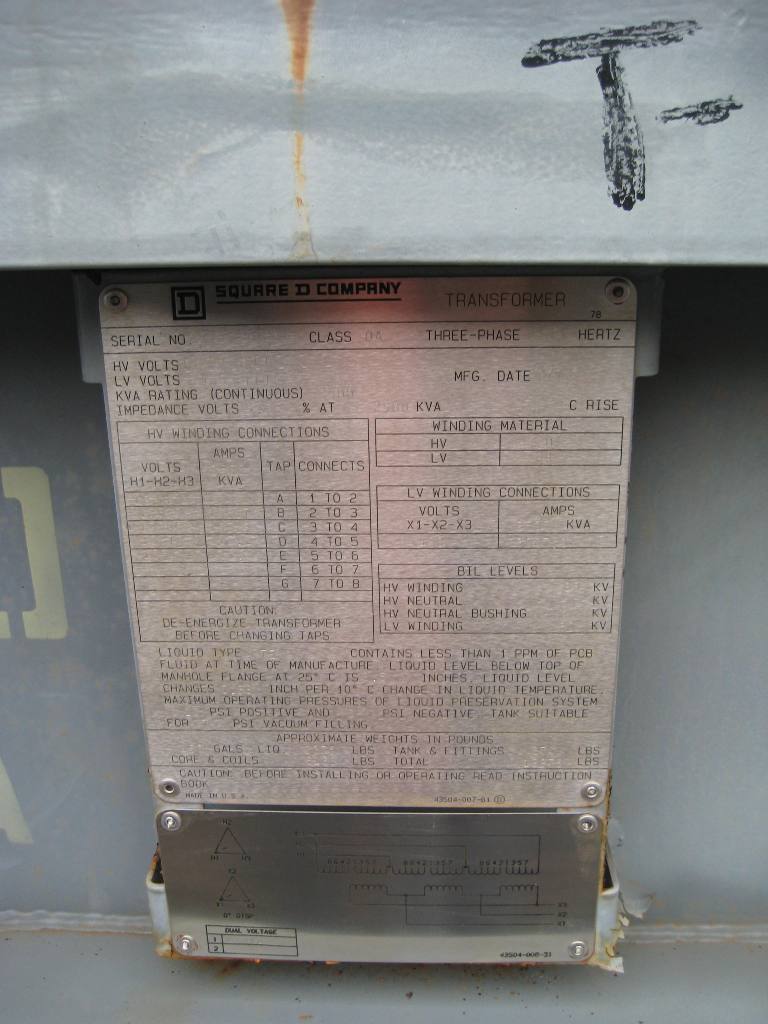 2500 KVA, Pri 13200 D, Sec 480 D, SQUARE D, 1993, SUBSTATION, COPPER:1