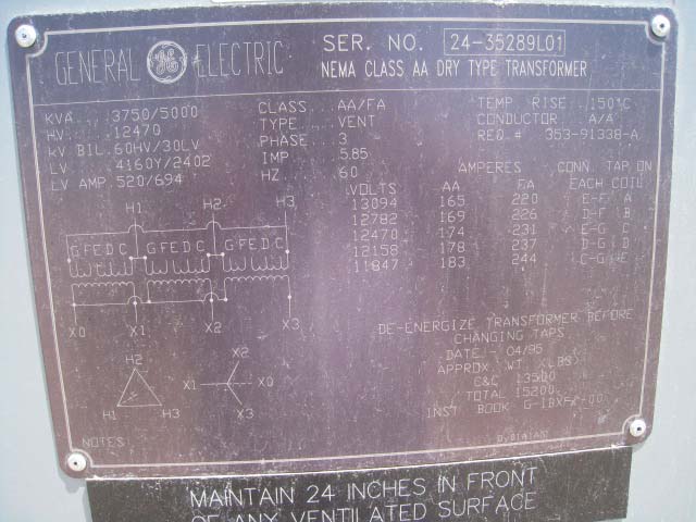 3750/5000 KVA, Pri 12470 D, Sec 4160Y/2402, 1995, GE, INDOOR DRY TYPE:1