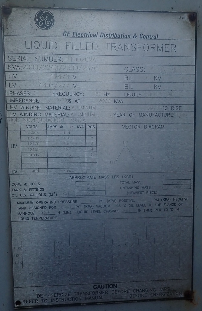 2000/2240/2300/2516 KVA, Pri 12470 D, Sec 480Y/277, GE, SILICONE, ALUMINUM, SUB