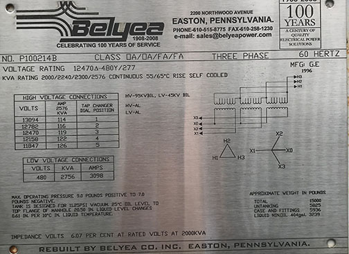 2000/2240/2300/2516 KVA, Pri 12470 D, Sec 480Y/277, GENERAL ELECTRIC, SILICONE, SUB