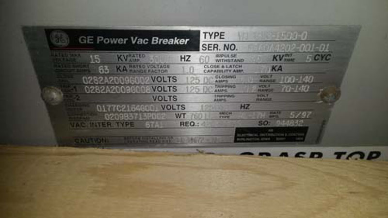 3000 Amp, GENERAL ELECTRIC, VB13.8-1500-0, 13.8 KV, 125 VDC C & T, E/O, D/O:1