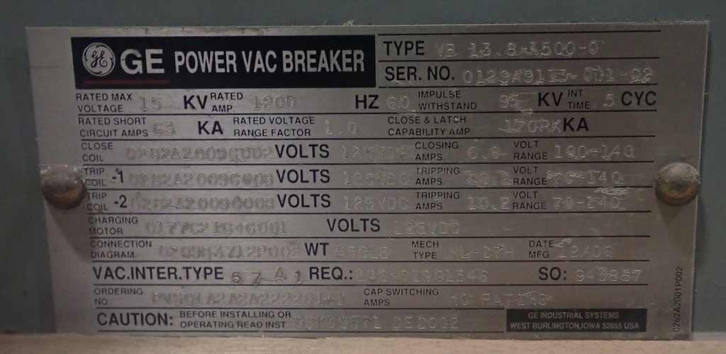 1200 Amp, GENERAL ELECTRIC, VB13.8-1500-0, 13.8 KV, 125 VDC C & T, E/O, D/O:1