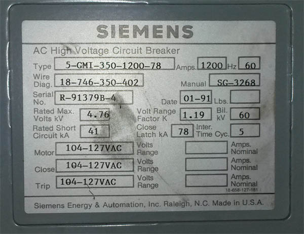 1200 Amp, SIEMENS, 5GMI-350-1200-78, 4160 V., 120 VAC CLOSE & TRIP, E/O, D/O:1