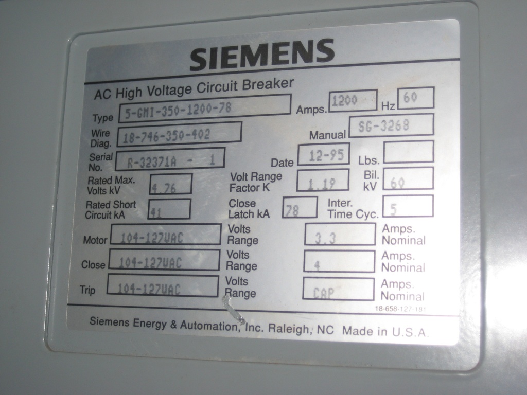 1200 Amp, SIEMENS, 5GMI-350-1200-78, 4160 V., 120 VAC CLOSE & TRIP, E/O, D/O:1