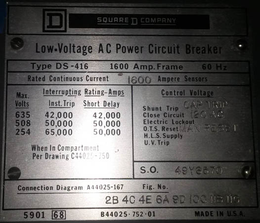1600 Amp, SQUARE D, DS-416, 480 V., E/O, D/O, AMPTECTOR LSIG:1