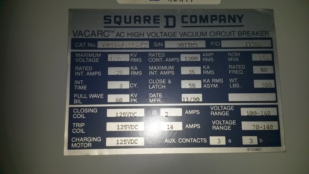 1200 Amp, SQUARE D, VAD3-05025-12, 4760 V, E/O, D/O, 125 VDC CLOSE/TRIP