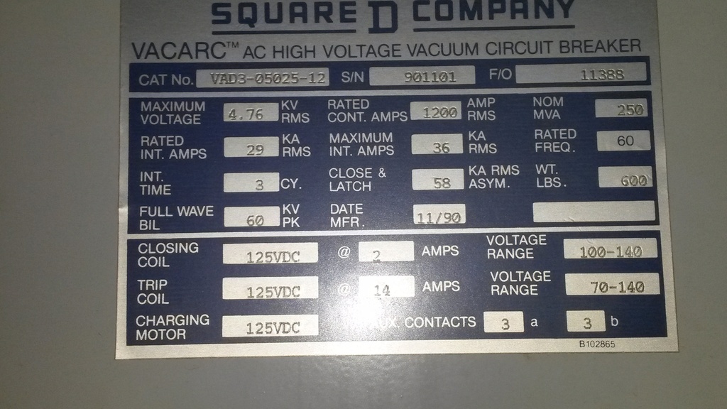 1200 Amp, SQUARE D, VAD3-05025-12, 4760 V, E/O, D/O, 125 VDC CLOSE/TRIP