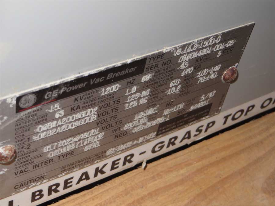 1200 Amp, GENERAL ELECTRIC, VB13.8-1500-0, 15 KV, 1997,E/O, D/O