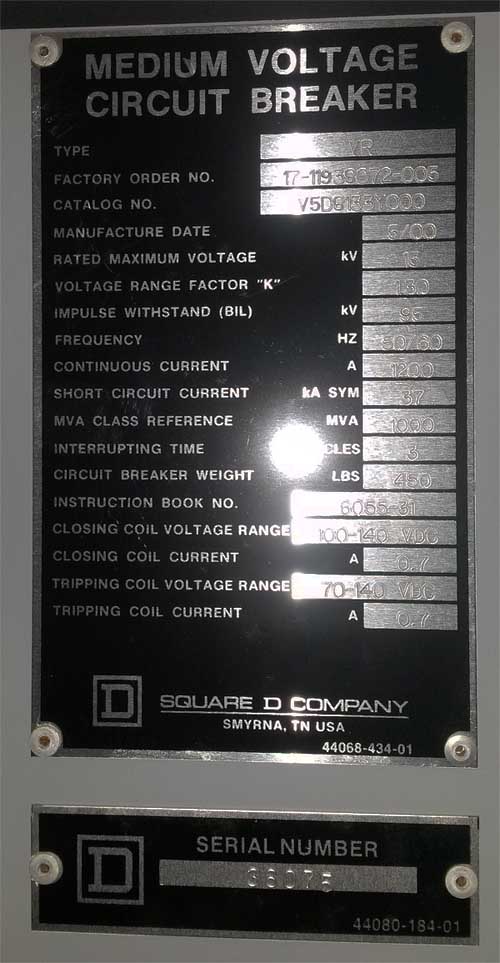 1200 Amp, SQUARE D, VR-1000, 13.8 KV, 125 VDC, 2000, VACUUM, BREAKER:1