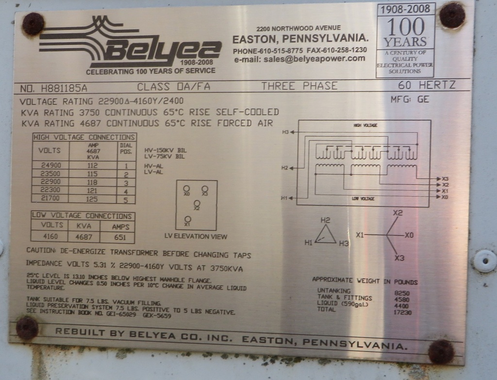 3750/4687 KVA, Pri 22900 D, Sec 4160Y/2400, GENERAL ELECTRIC, SUBSTATION