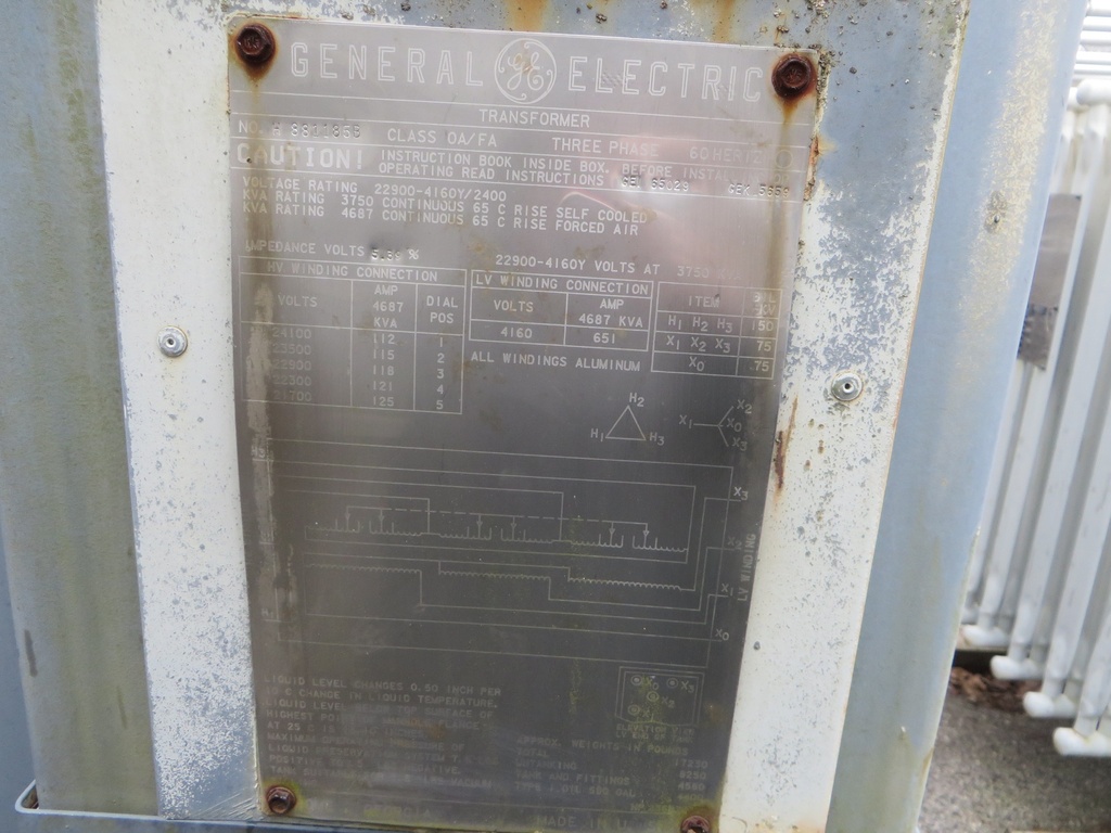 3750/4687 KVA, Pri 22900 D, Sec 4160Y/2400, GENERAL ELECTRIC, SUBSTATION