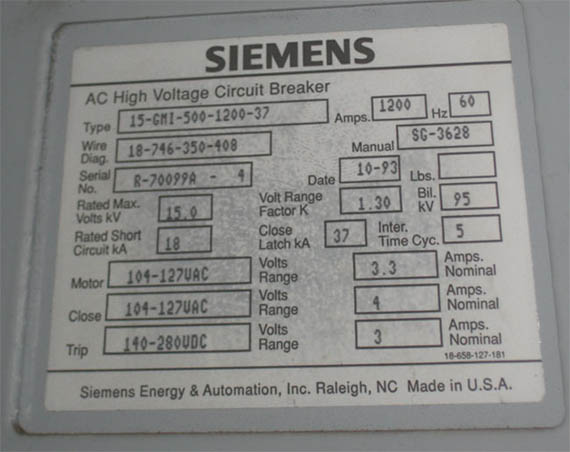 1200 Amp, SIEMENS, 15-GMI-500-1200-37, 15 KV, 1993, 120 VAC CLOSE, 240 VDC TRIP