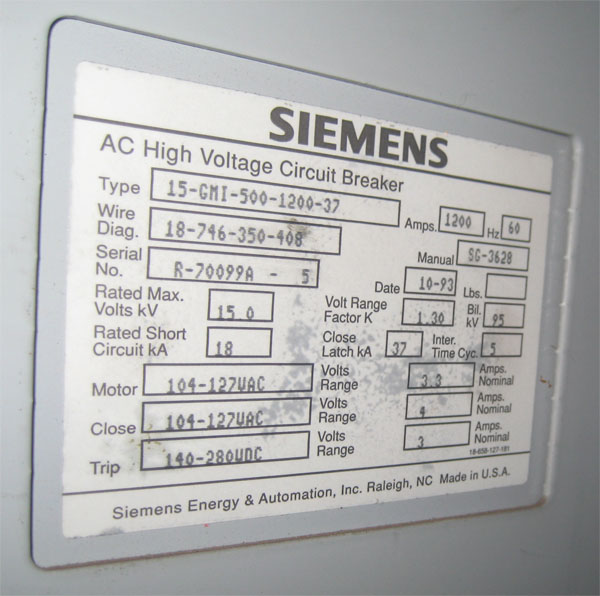 1200 Amp, SIEMENS, 15-GMI-500-1200-37, 15 KV, 1993, 120 VAC CLOSE, 240 VDC TRIP