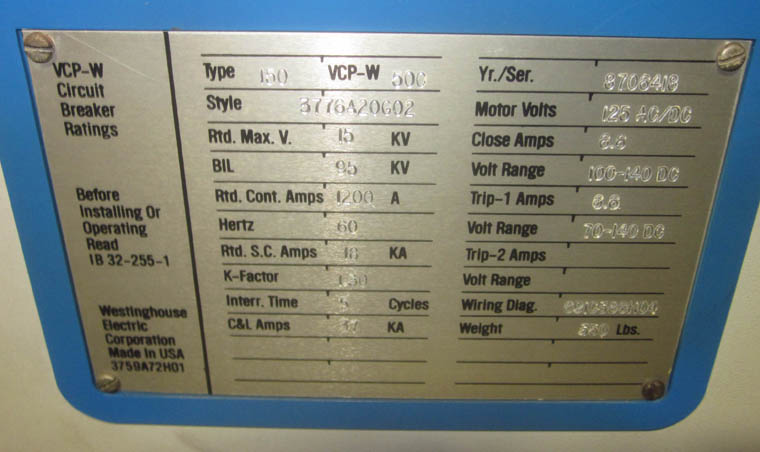 1200 Amp, WESTINGHOUSE, 150 VCP-W-500, 15 KV, 1992, EO/DO, 125VDC MOT, CL,& T