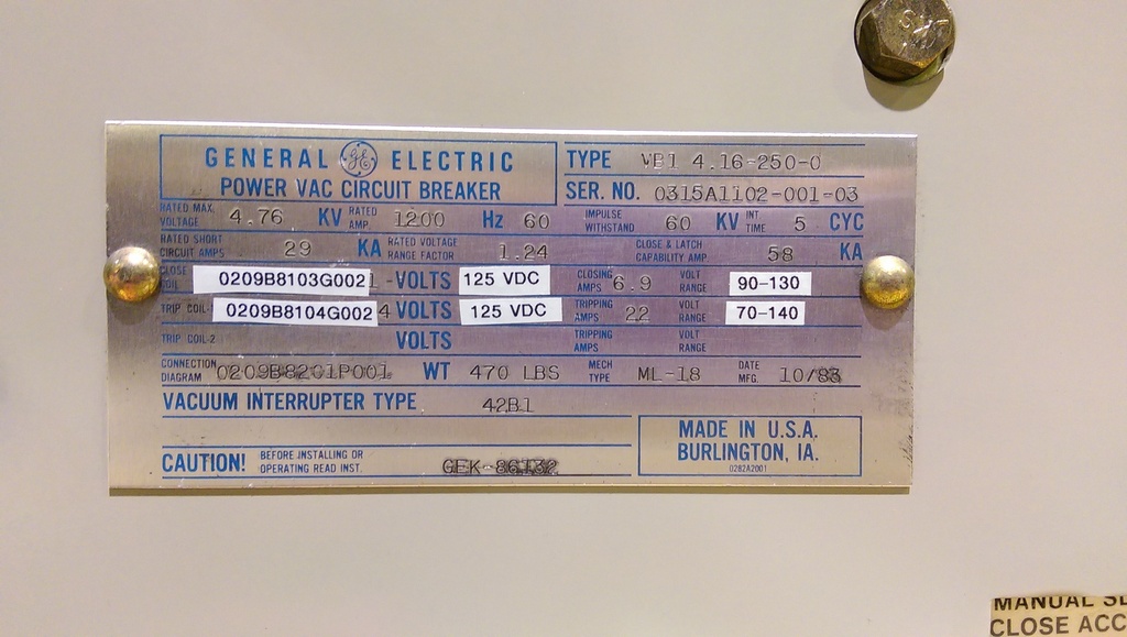 1200 Amp, GENERAL ELECTRIC, VB1-4.16-250-0, 4760 V., 1983, 125 VDC CLOSE & TRIP: